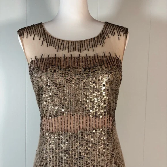 slim fit dress slacks Stretch Sequin Sleeveless Cowl Neck Gown With Gathered Details In Champagne  Silver-Champagne/Silver / Regular / 0 main image 0